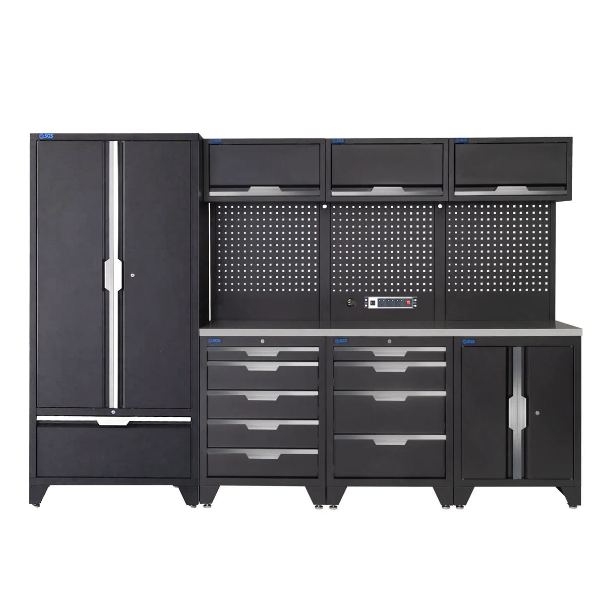 SGS 10pc Garage Storage System | 9 Drawers | Stainless Steel Worktop | Tall Double Cabinet with Drawer | Floor Cabinet | 3x Upper Cabinets | Pegboard with Power Strip