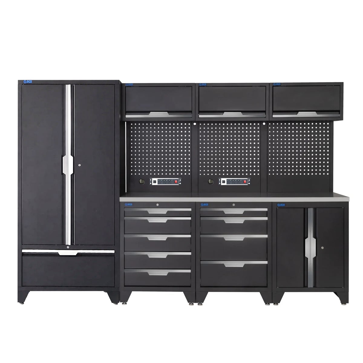 SGS 10pc Garage Storage System | 9 Drawers | Stainless Steel Worktop | Tall Double Cabinet with Drawer | Floor Cabinet | 3x Upper Cabinets | 2x Pegboards with Power Strip