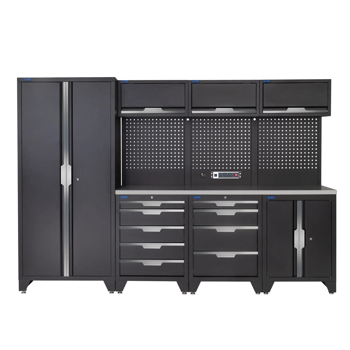 SGS 10pc Garage Storage System | 9 Drawers | Stainless Steel Worktop | Tall Double Cabinet | Floor Cabinet | 3x Upper Cabinets | Pegboard with Power Strip