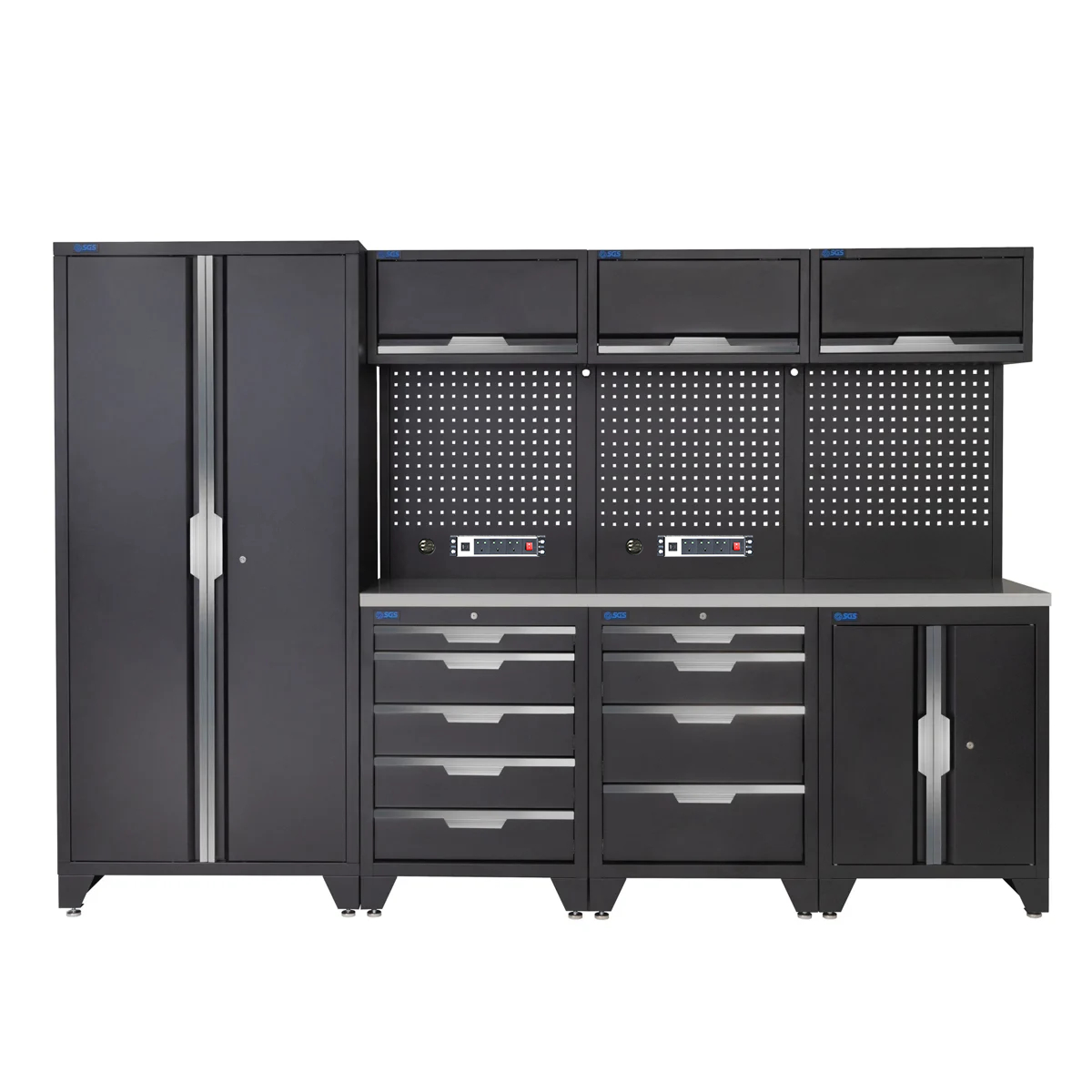 SGS 10pc Garage Storage System | 9 Drawers | Stainless Steel Worktop | Tall Double Cabinet | Floor Cabinet | 3x Upper Cabinets | 2x Pegboards with Power Strip