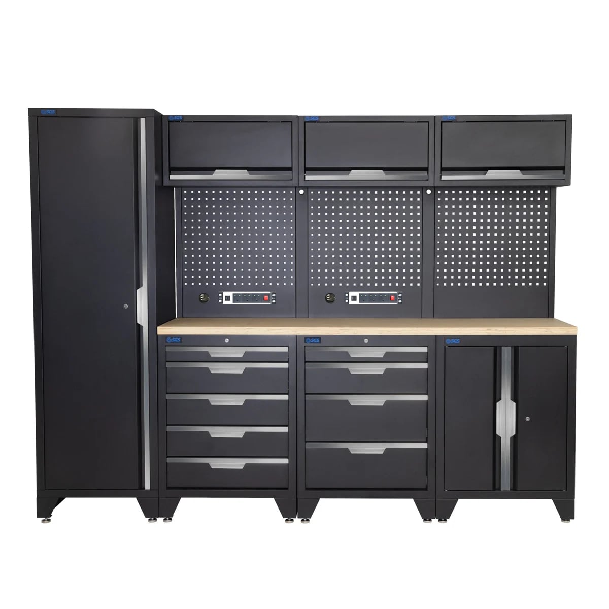 SGS 10pc Garage Storage System | 9 Drawers | Pressed Wood Worktop | Tall Single Cabinet | Floor Cabinet | 3x Upper Cabinets | 2x Pegboards with Power Strip