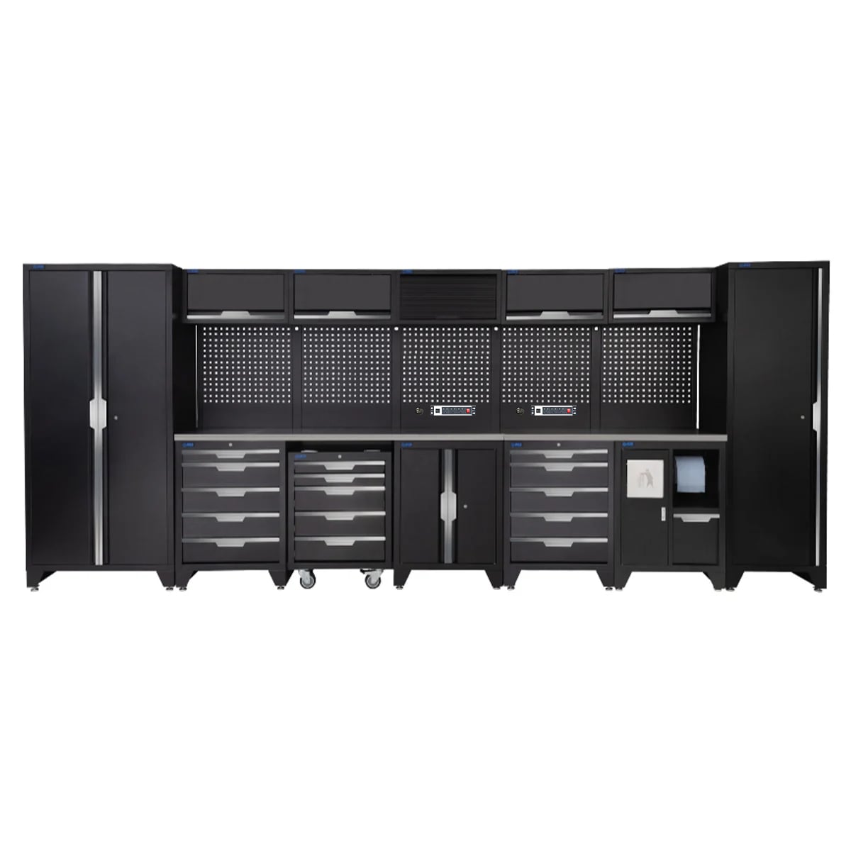 SGS 17pc Garage Storage System | 15 Drawers | Stainless Steel Worktop | Tall Single & Double Cabinets | Bin Unit | Floor Cabinet | 5x Upper Cabinets | 2x Pegboards with Power Strip