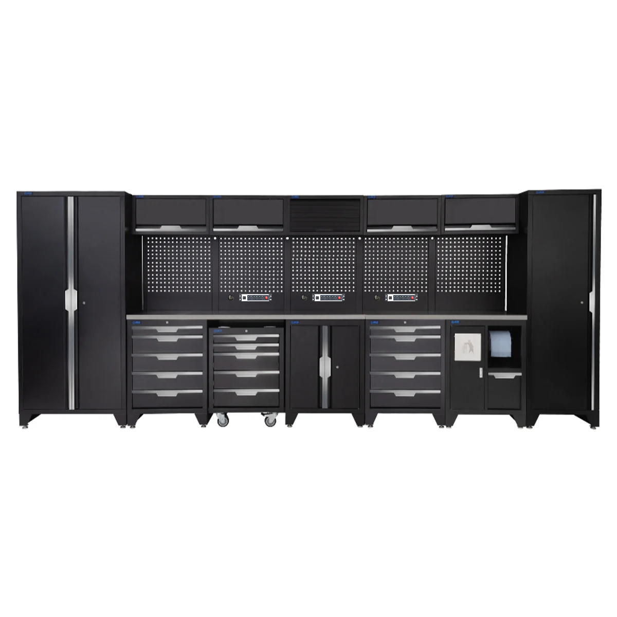 SGS 17pc Garage Storage System | 15 Drawers | Stainless Steel Worktop | Tall Single & Double Cabinets | Bin Unit | Floor Cabinet | 5x Upper Cabinets | 3x Pegboards with Power Strip