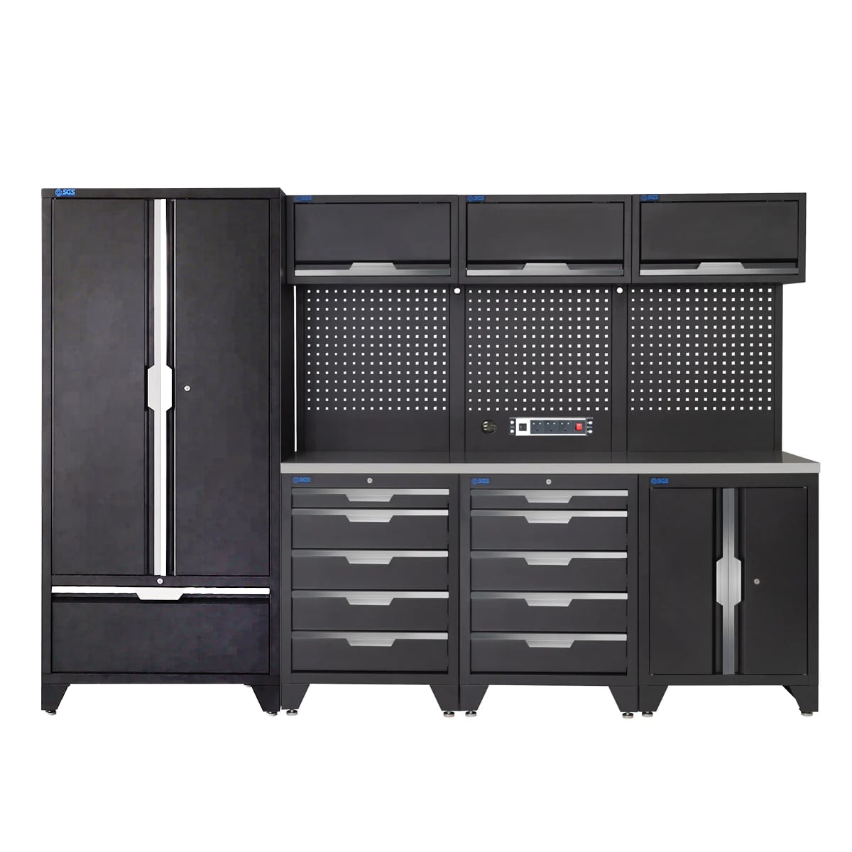 SGS 10pc Garage Storage System | 10 Drawers | Stainless Steel Worktop | Floor Cabinet | Tall Double Cabinet with Drawer | 3x Upper Cabinets | Pegboard with Power Strip