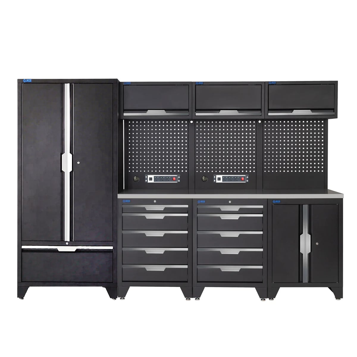 SGS 10pc Garage Storage System | 10 Drawers | Stainless Steel Worktop | Floor Cabinet | Tall Double Cabinet with Drawer | 3x Upper Cabinets | 2x Pegboards with Power Strip