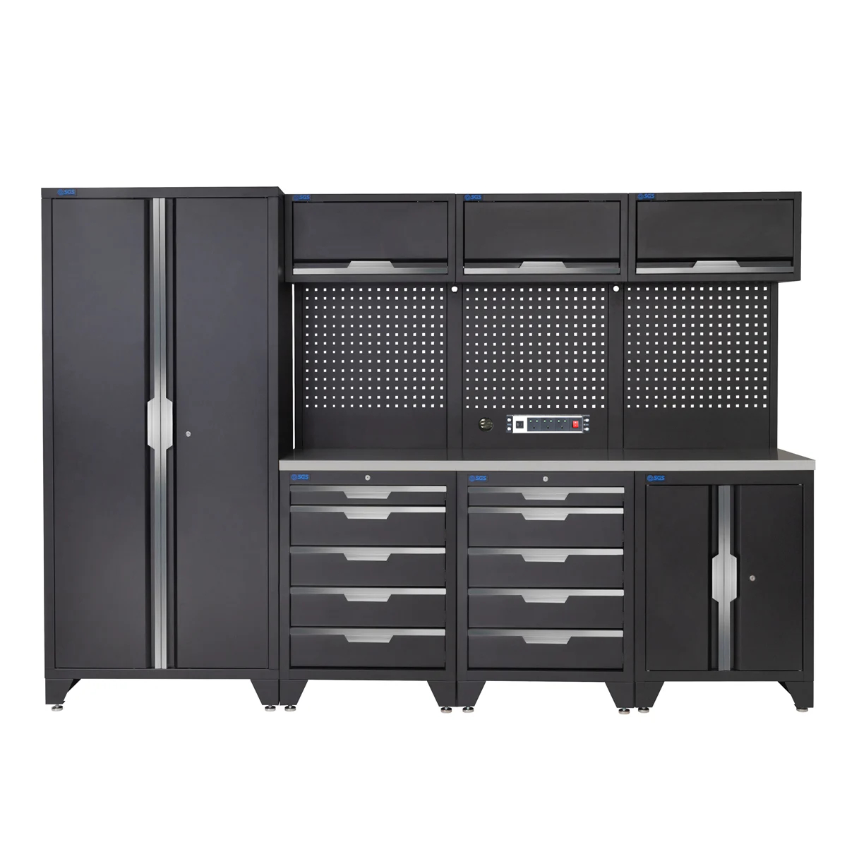 SGS 10pc Garage Storage System | 10 Drawers | Stainless Steel Worktop | Floor Cabinet | Tall Double Cabinet | 3x Upper Cabinets | Pegboard with Power Strip