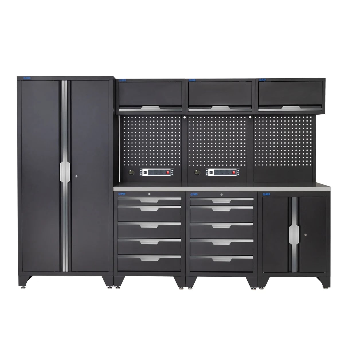 SGS 10pc Garage Storage System | 10 Drawers | Stainless Steel Worktop | Floor Cabinet | Tall Double Cabinet | 3x Upper Cabinets | 2x Pegboards with Power Strip