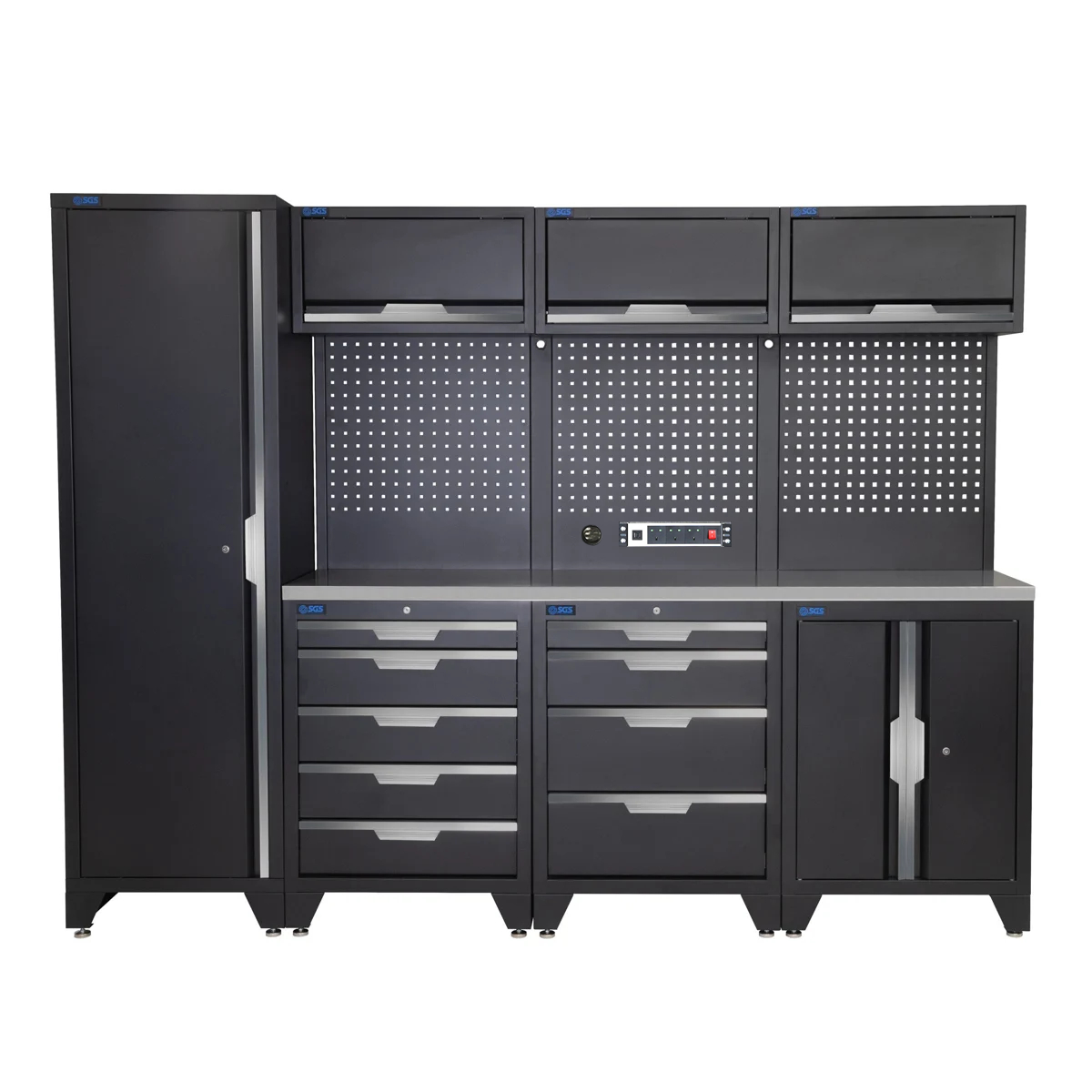 SGS 10pc Garage Storage System | 9 Drawers | Stainless Steel Worktop | Tall Single Cabinet | Floor Cabinet | 3x Upper Cabinets | Pegboard with Power Strip