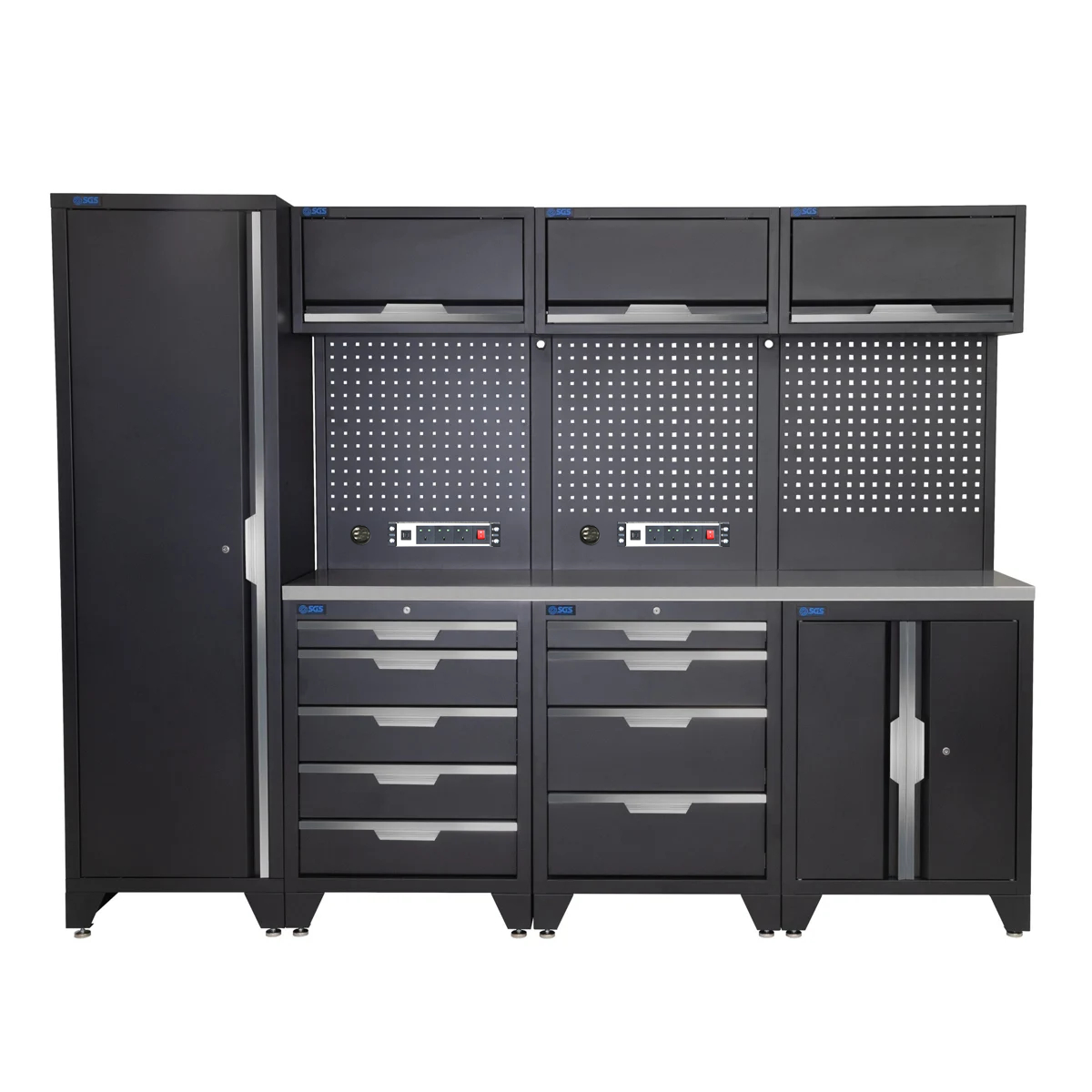 SGS 10pc Garage Storage System | 9 Drawers | Stainless Steel Worktop | Tall Single Cabinet | Floor Cabinet | 3x Upper Cabinets | 2x Pegboards with Power Strip