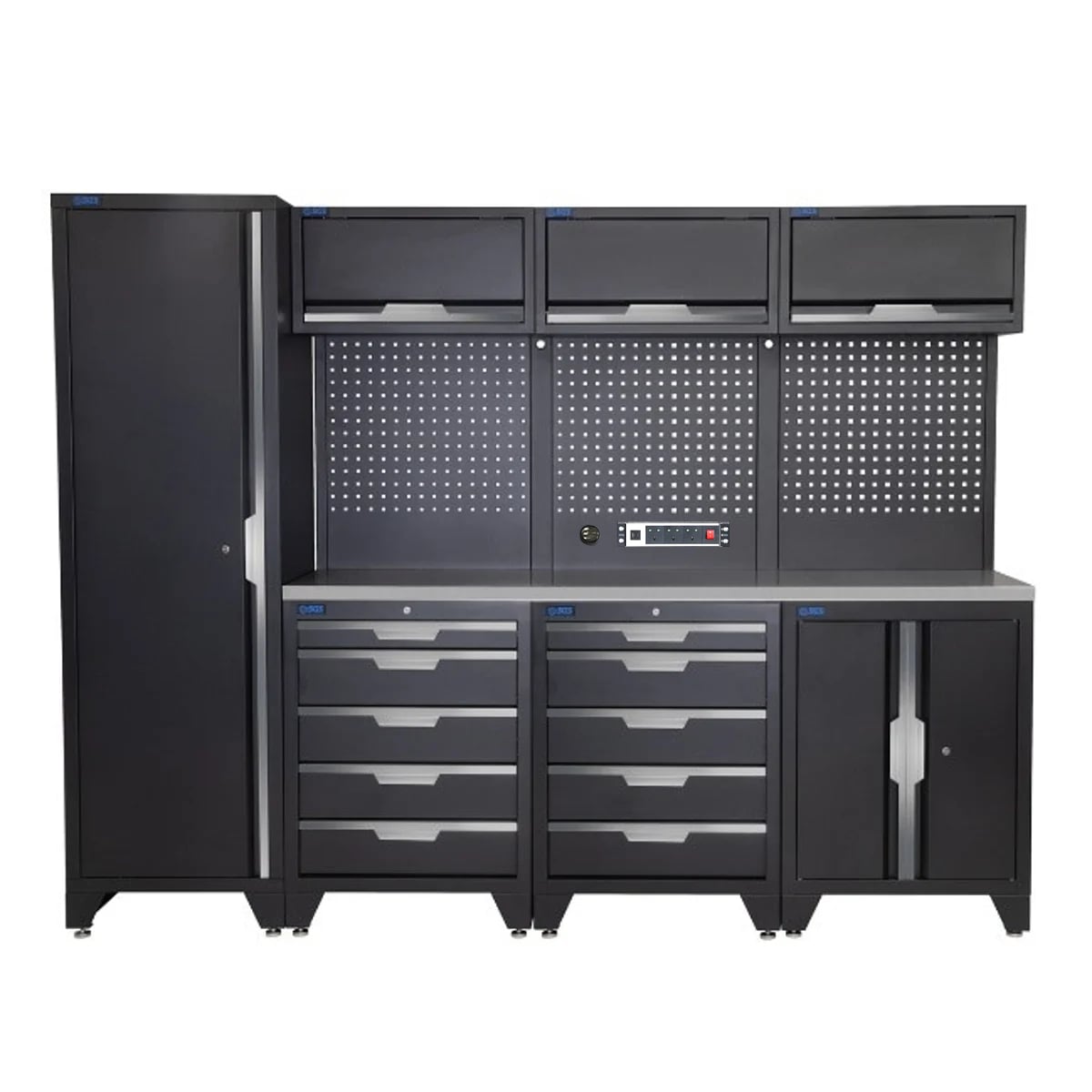 SGS 10pc Garage Storage System | 10 Drawers | Stainless Steel Worktop | Floor Cabinet | Tall Single Cabinet | 3x Upper Cabinets | Pegboard with Power Strip