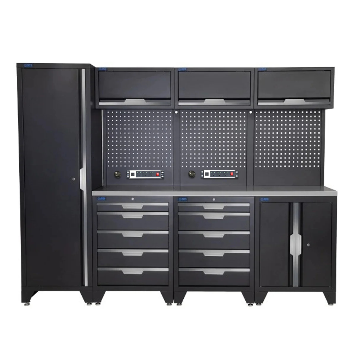 SGS 10pc Garage Storage System | 10 Drawers | Stainless Steel Worktop | Floor Cabinet | Tall Single Cabinet | 3x Upper Cabinets | 2x Pegboards with Power Strip