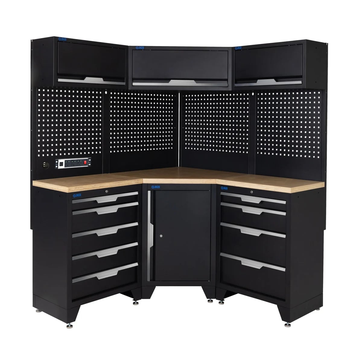 SGS 10pc Corner Garage Storage System | 9 Drawers | Pressed Wood Worktop | Corner Floor Cabinet | 3x Upper Cabinets | Pegboard with Power Strip
