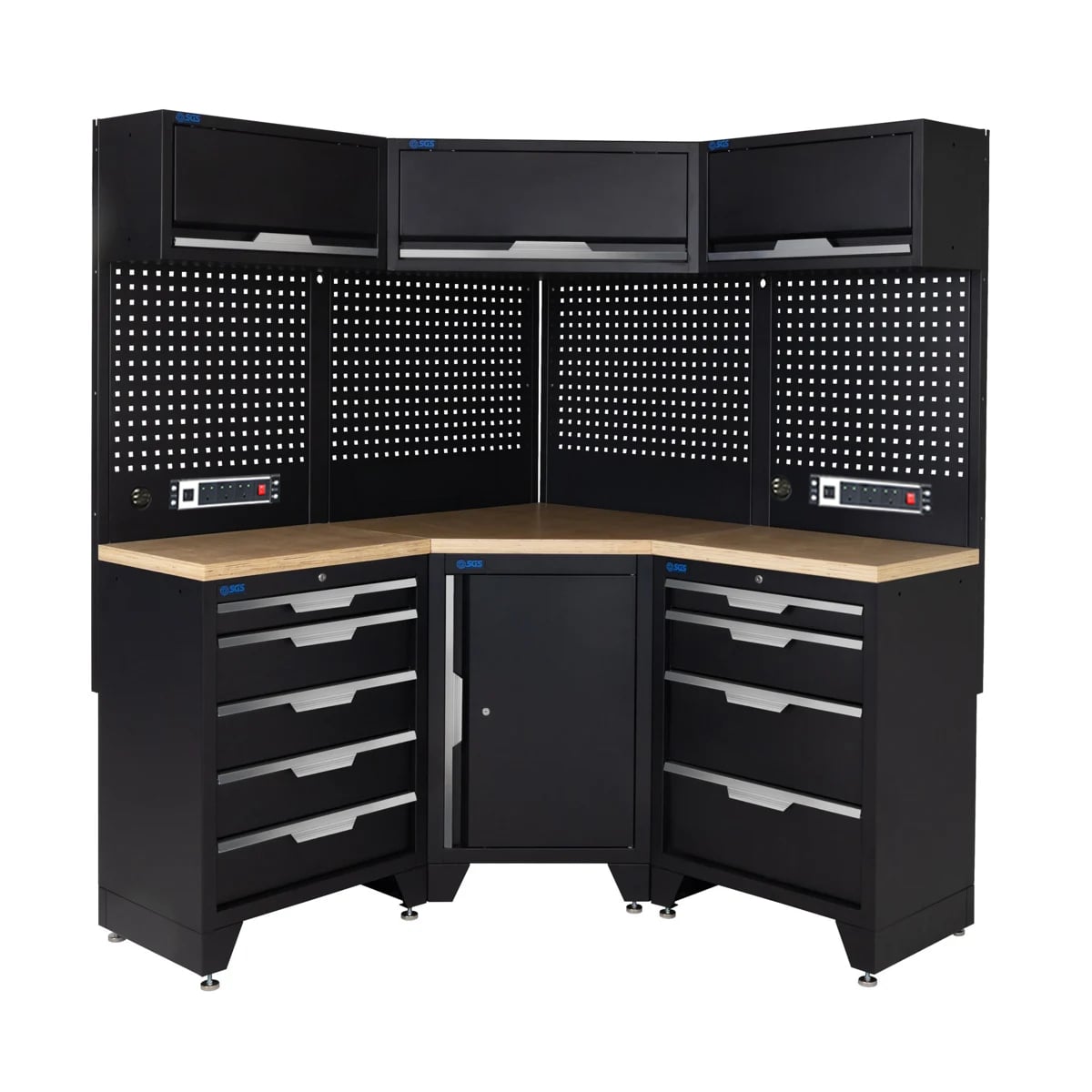 SGS 10pc Corner Garage Storage System | 9 Drawers | Pressed Wood Worktop | Corner Floor Cabinet | 3x Upper Cabinets | 2x Pegboards with Power Strip