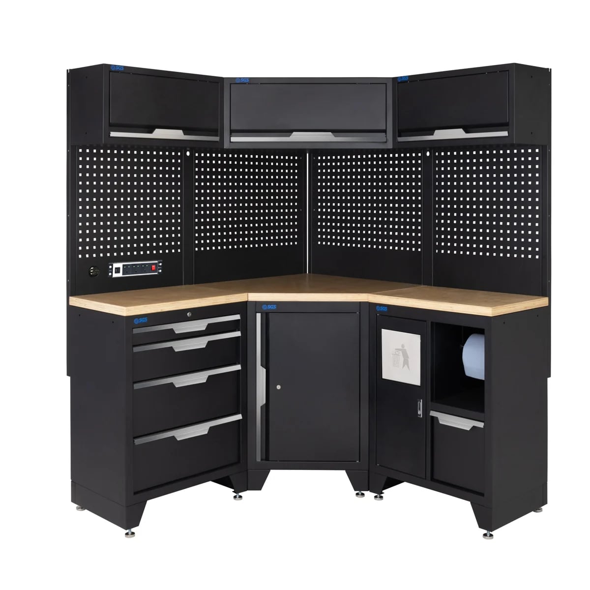 SGS 10pc Corner Garage Storage System | 4 Drawers | Pressed Wood Worktop | Corner Floor Cabinet | Bin Unit | 3x Upper Cabinets | Pegboard with Power Strip