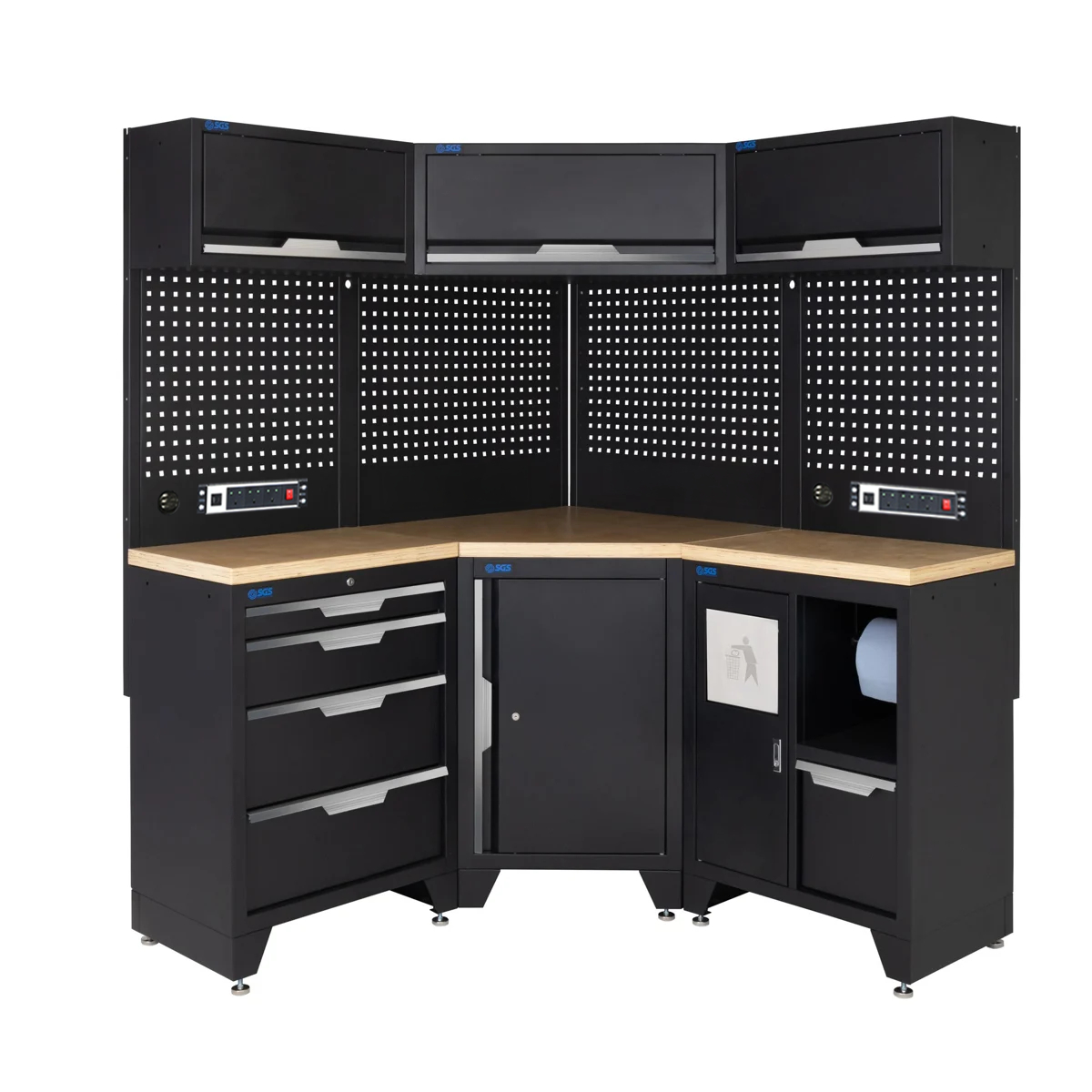 SGS 10pc Corner Garage Storage System | 4 Drawers | Pressed Wood Worktop | Corner Floor Cabinet | Bin Unit | 3x Upper Cabinets | 2x Pegboards with Power Strip