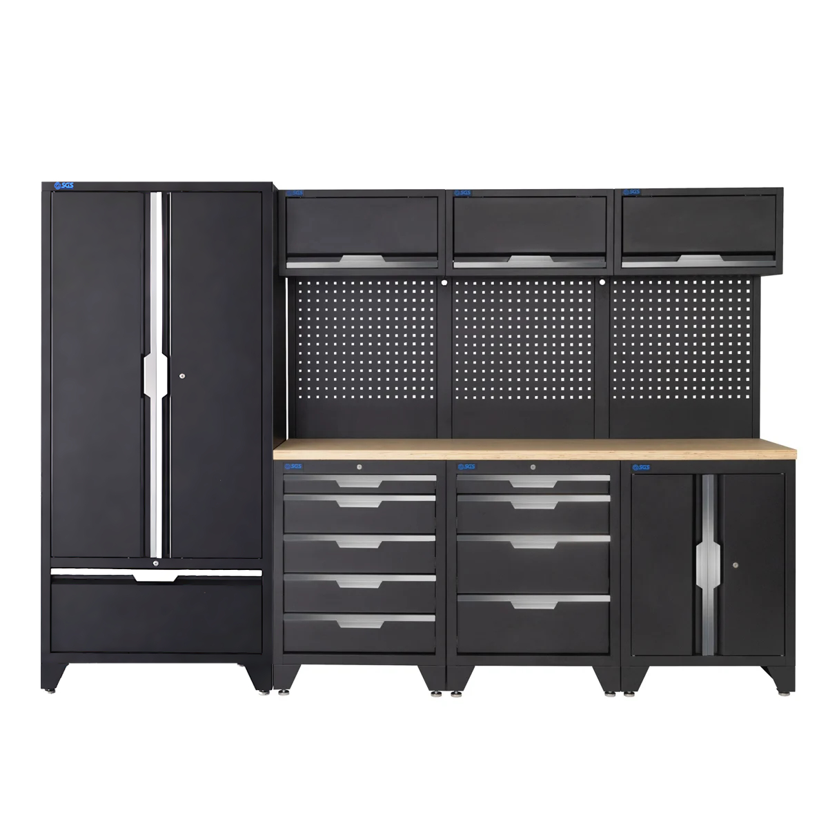 SGS 10pc Garage Storage System | 9 Drawers | Pressed Wood Worktop | Tall Double Cabinet with Drawer | Floor Cabinet | 3x Upper Cabinets
