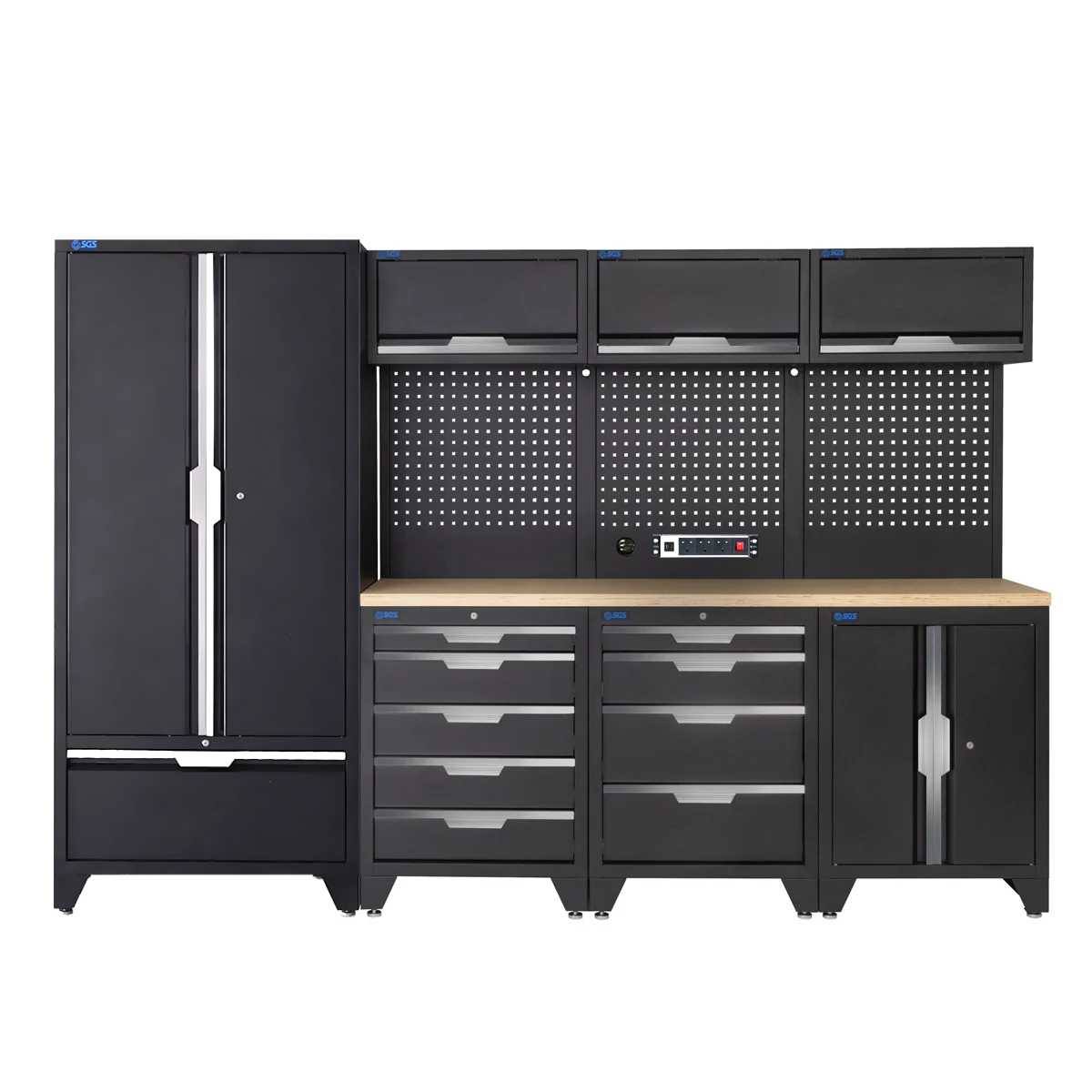 SGS 10pc Garage Storage System | 9 Drawers | Pressed Wood Worktop | Tall Double Cabinet with Drawer | Floor Cabinet | 3x Upper Cabinets | Pegboard with Power Strip