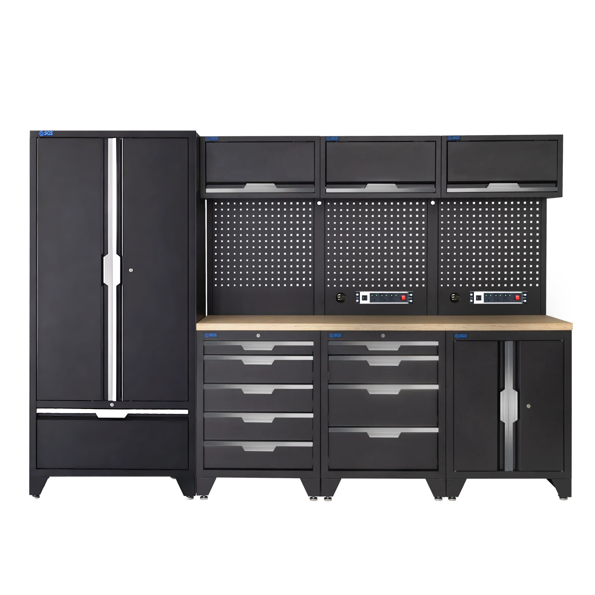 SGS 10pc Garage Storage System | 9 Drawers | Pressed Wood Worktop | Tall Double Cabinet with Drawer | Floor Cabinet | 3x Upper Cabinets | 2x Pegboards with Power Strip