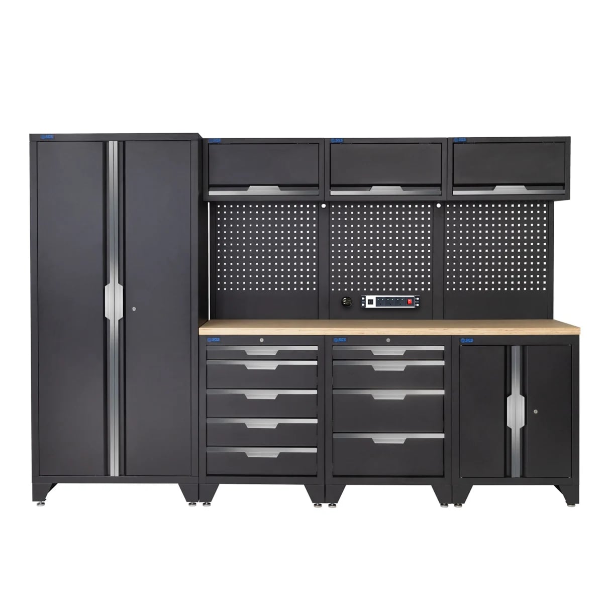 SGS 10pc Garage Storage System | 9 Drawers | Pressed Wood Worktop | Tall Double Cabinet | Floor Cabinet | 3x Upper Cabinets | Pegboard with Power Strip