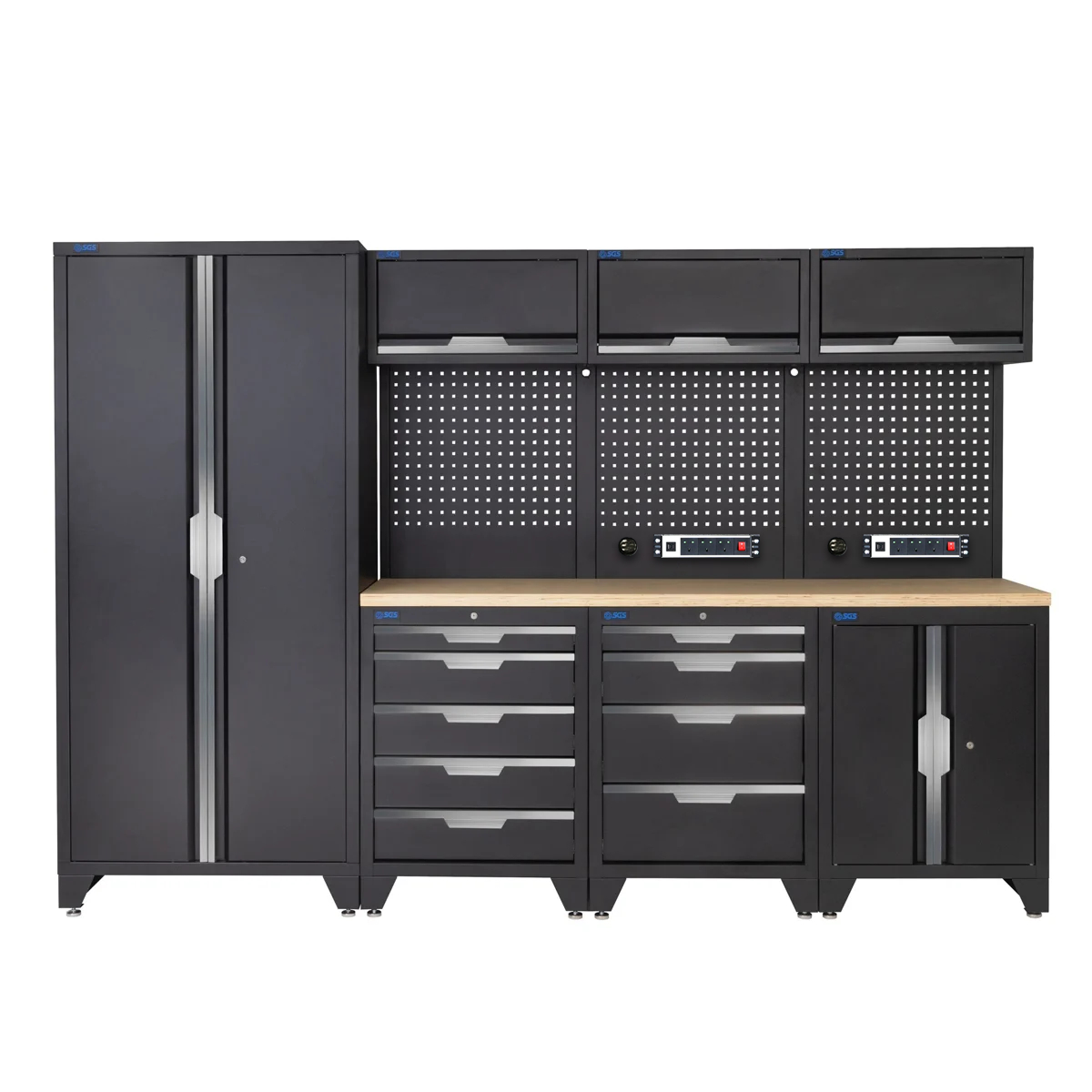 SGS 10pc Garage Storage System | 9 Drawers | Pressed Wood Worktop | Tall Double Cabinet | Floor Cabinet | 3x Upper Cabinets | 2x Pegboards with Power Strip