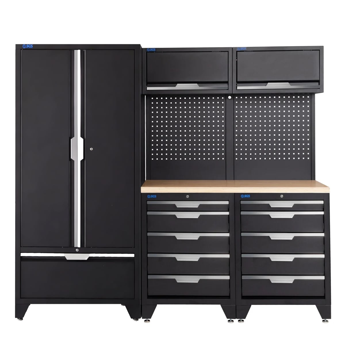 SGS 7pc Garage Storage System | 10 Drawers | Pressed Wood Worktop | 2x Upper Cabinets | Tall Double Cabinet with Drawer