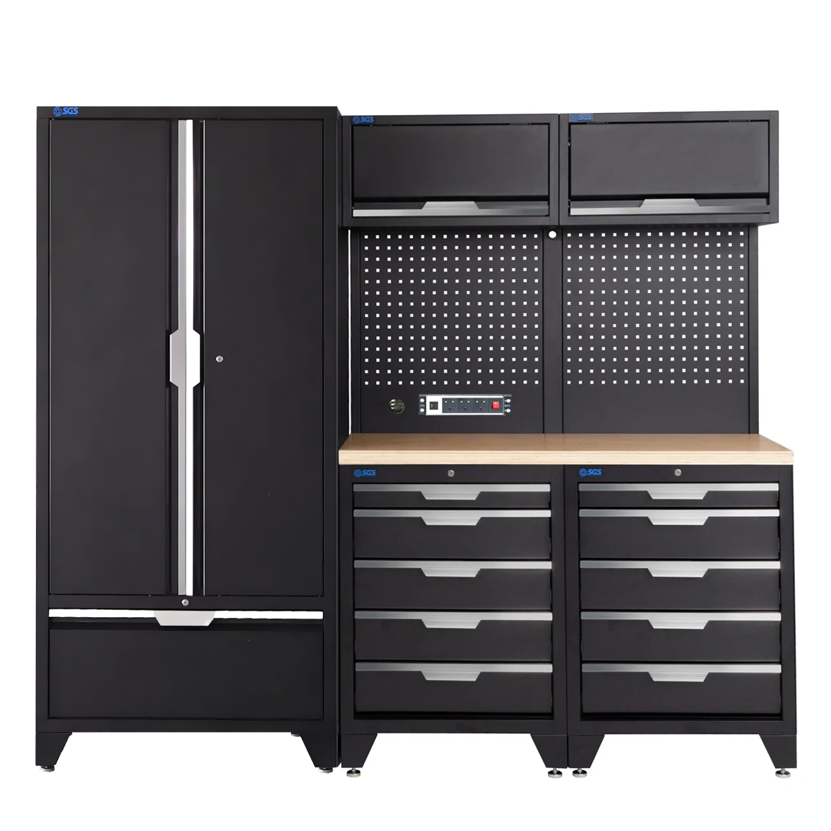 SGS 7pc Garage Storage System | 10 Drawers | Pressed Wood Worktop | 2x Upper Cabinets | Tall Double Cabinet with Drawer | Pegboard with Power Strip