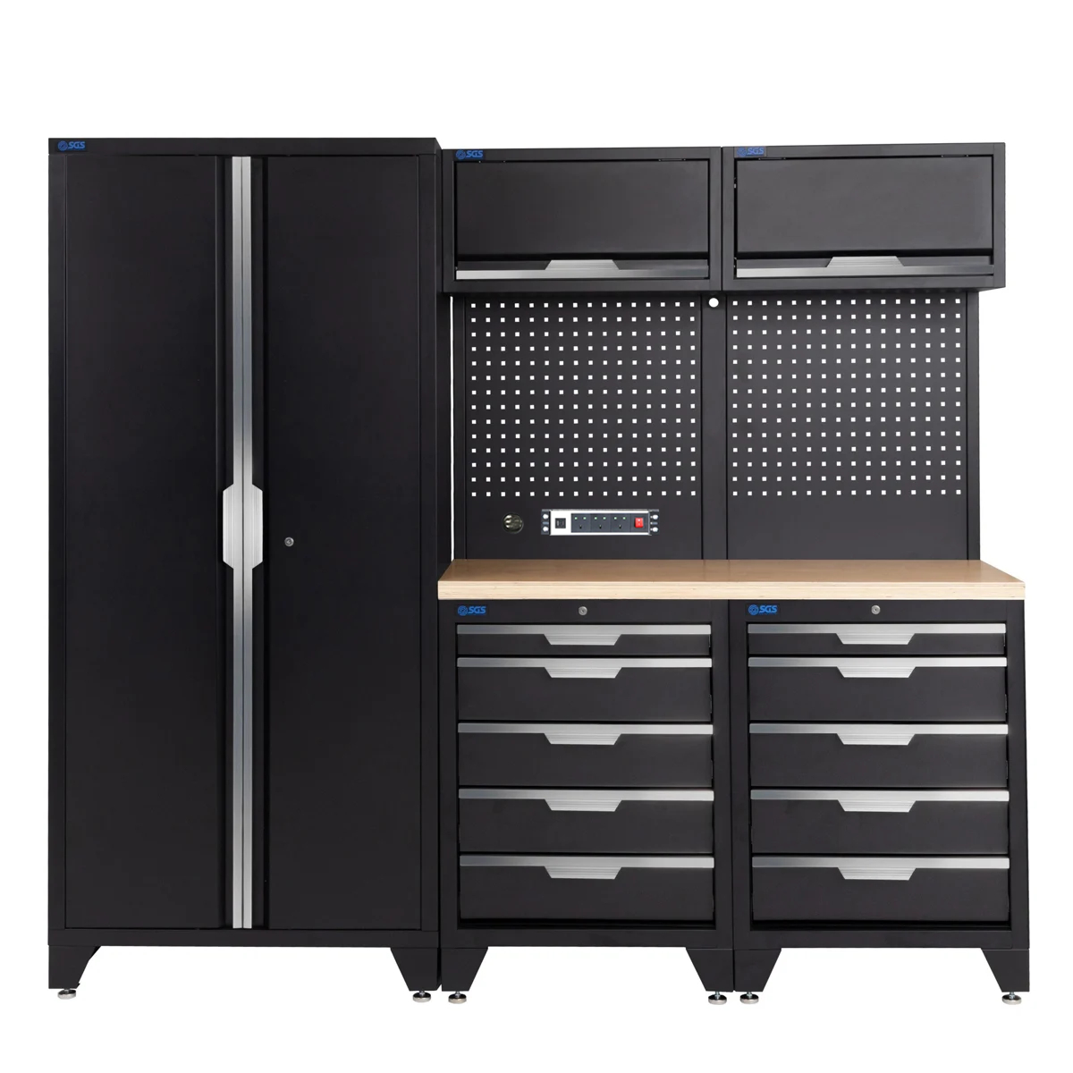 SGS 7pc Garage Storage System | 10 Drawers | Pressed Wood Worktop | 2x Upper Cabinets | Tall Double Cabinet | Pegboard with Power Strip