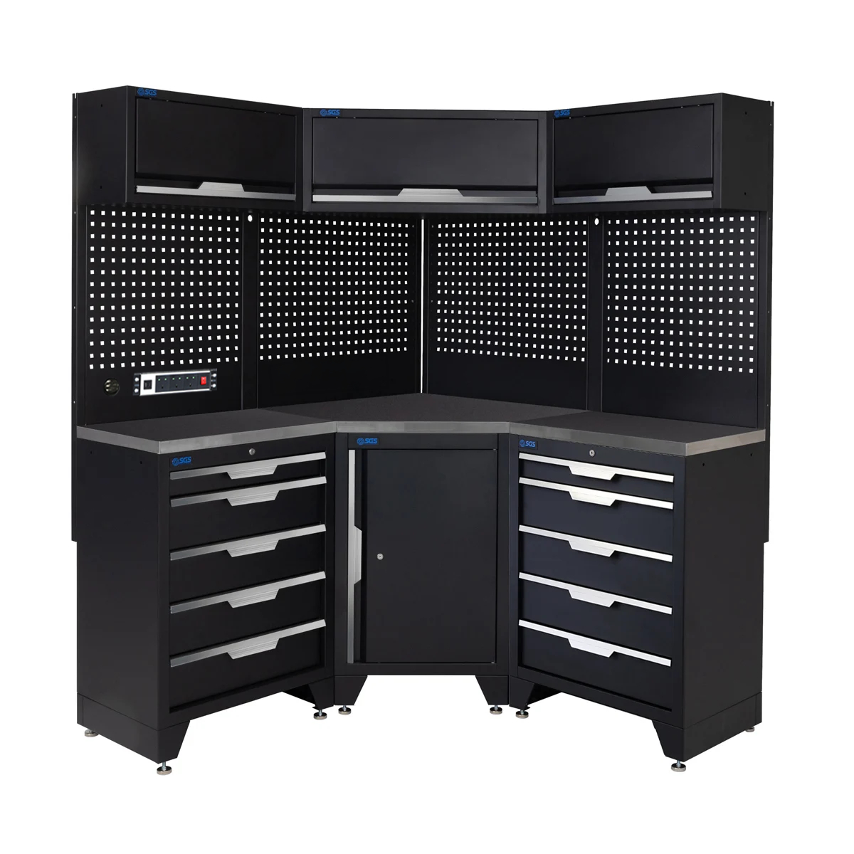 SGS 10pc Corner Garage Storage System | 10 Drawers | Stainless Steel Worktop | Corner Floor Cabinet | 3x Upper Cabinets | Pegboard with Power Strip