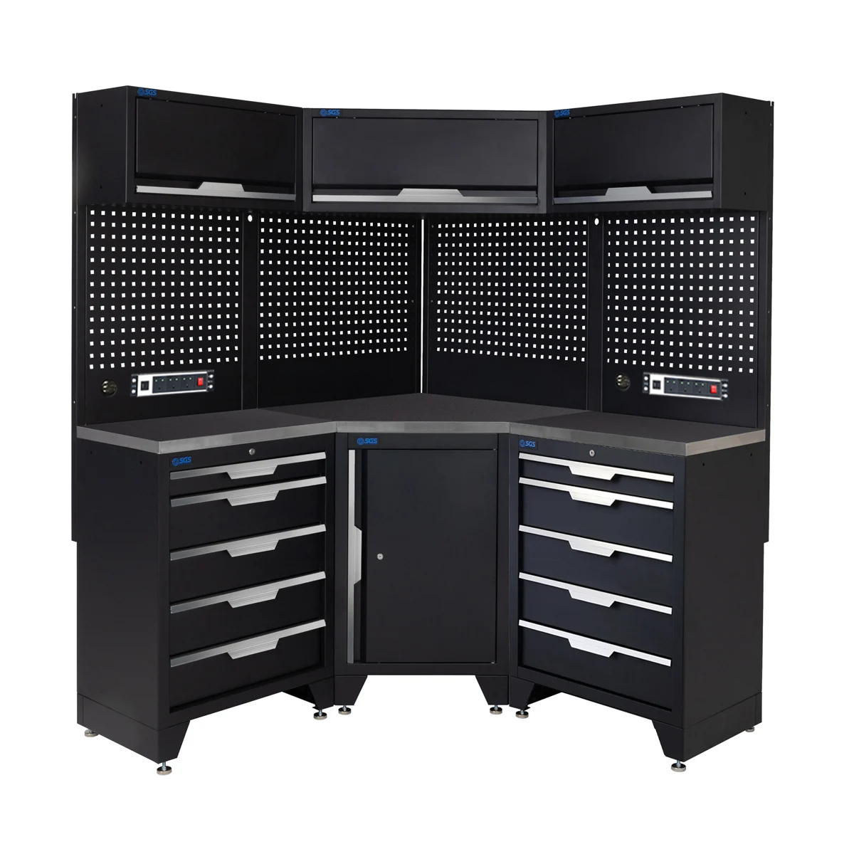 SGS 10pc Corner Garage Storage System | 10 Drawers | Stainless Steel Worktop | Corner Floor Cabinet | 3x Upper Cabinets | 2x Pegboards with Power Strip