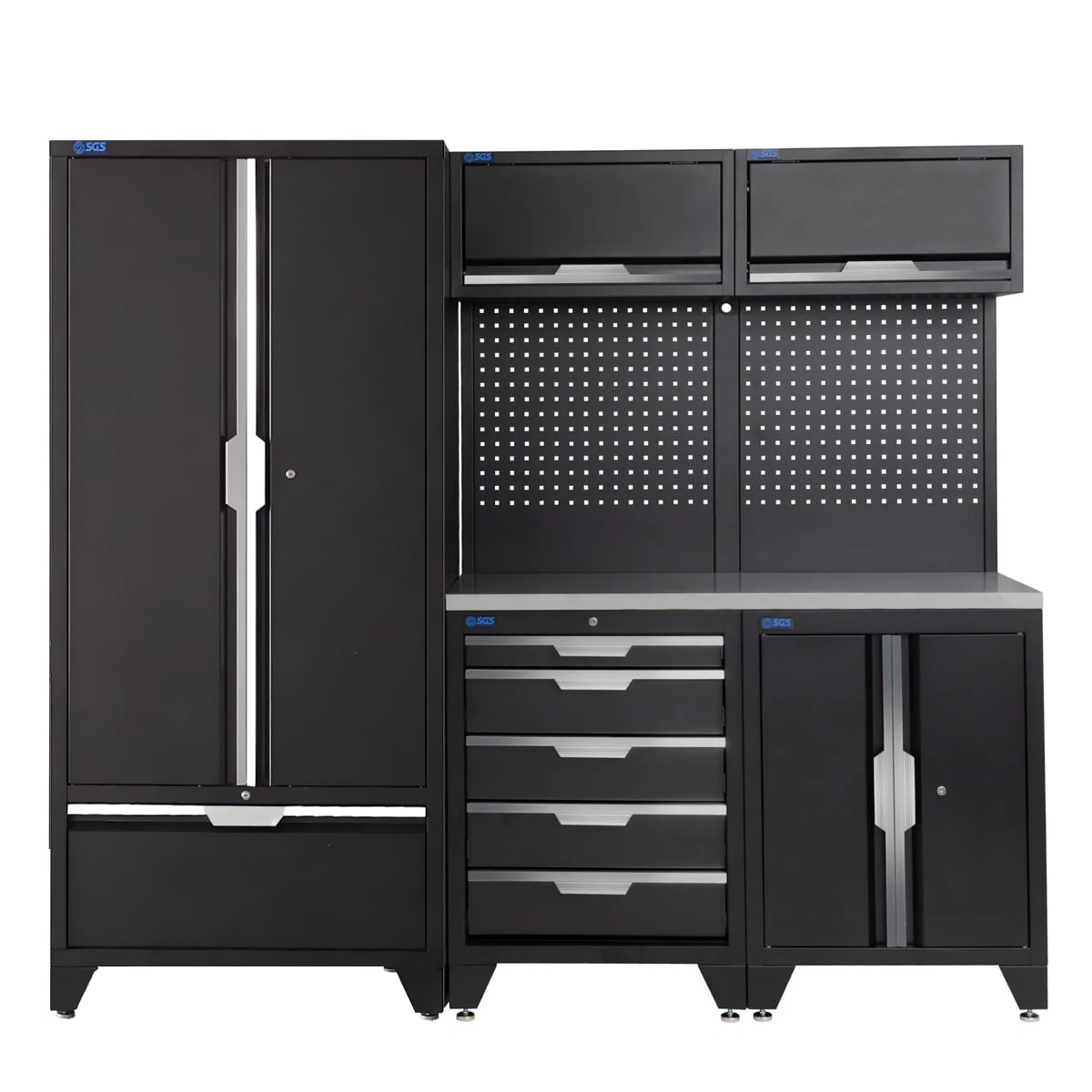 SGS 7pc Garage Storage System | 5 Drawers | Stainless Steel Worktop | Tall Double Cabinet with Drawer | 2x Upper Cabinets