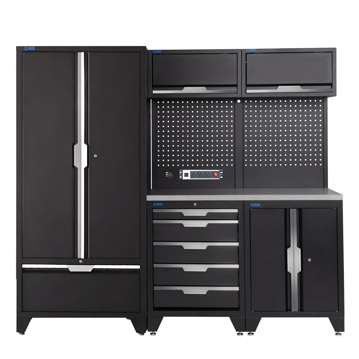 SGS 7pc Garage Storage System | 5 Drawers | Stainless Steel Worktop | Tall Double Cabinet with Drawer | 2x Upper Cabinets | Pegboard with Power Strip