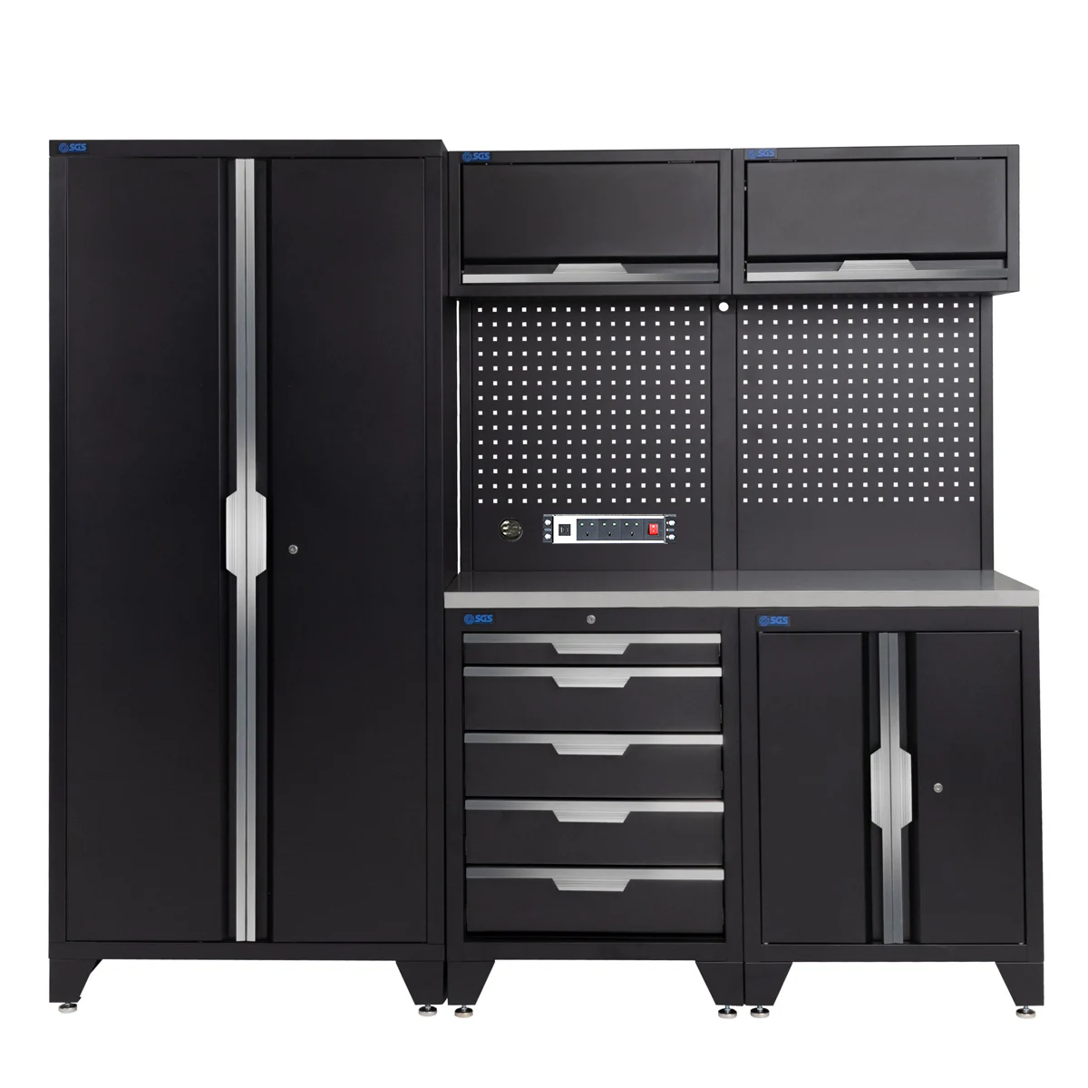 SGS 7pc Garage Storage System | 5 Drawers | Stainless Steel Worktop | Tall Double Cabinet | 2x Upper Cabinets | Pegboard with Power Strip
