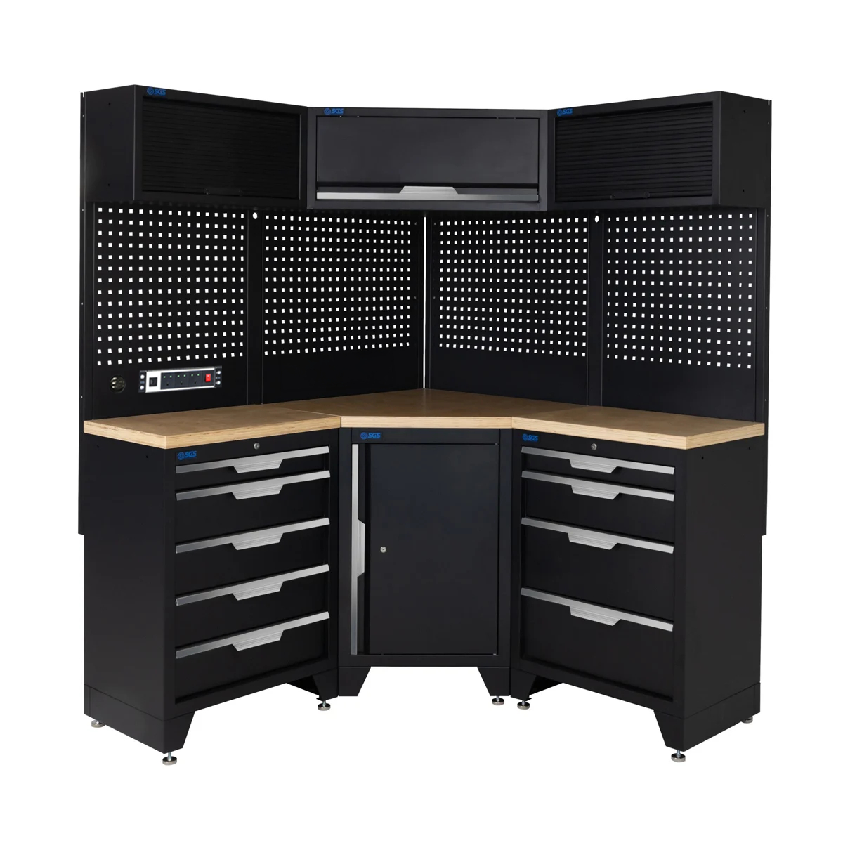 SGS 10pc Corner Garage Storage System | 9 Drawers | Pressed Wood Worktop | Corner Floor Cabinet | 3x Upper Cabinets | Pegboard with Power Strip