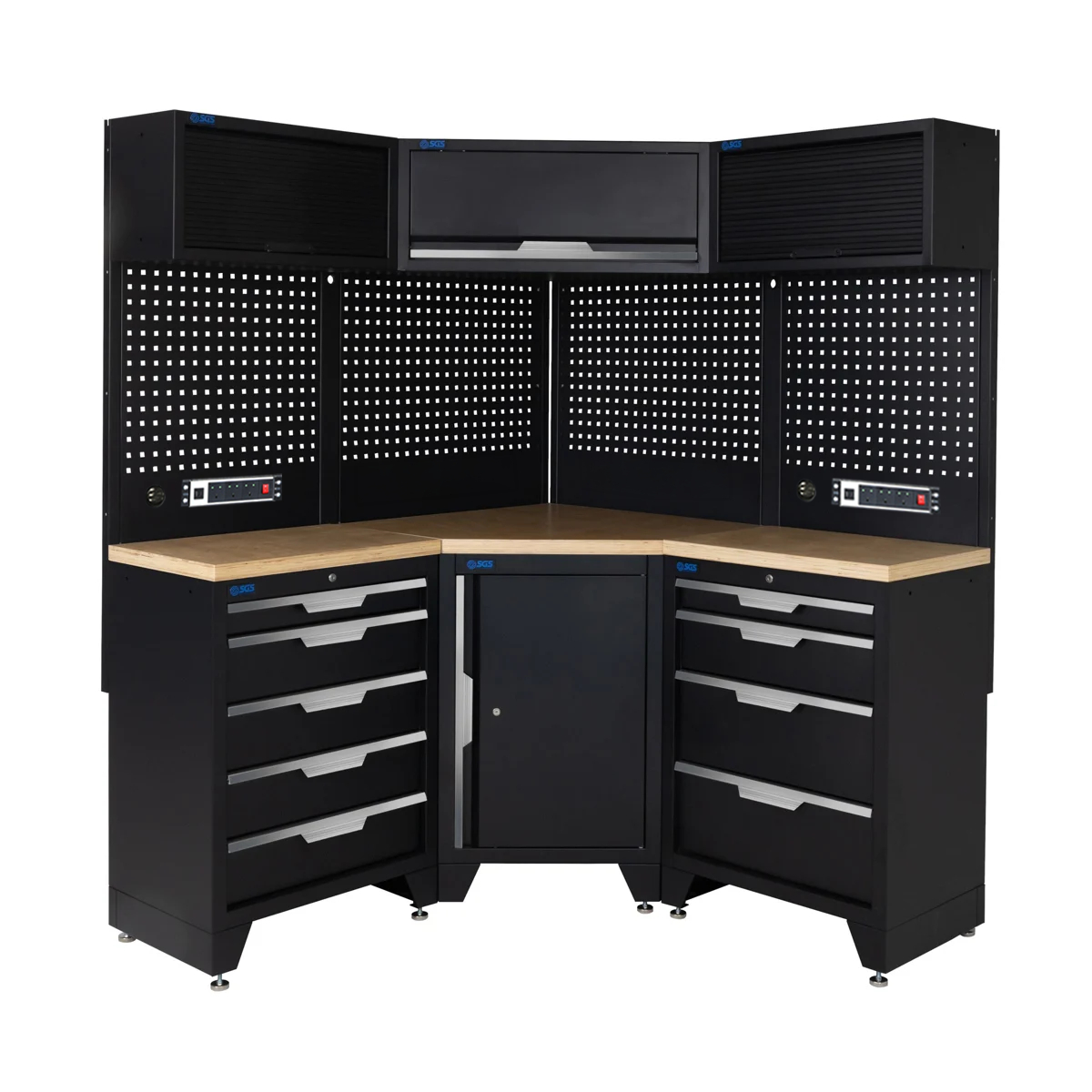 SGS 10pc Corner Garage Storage System | 9 Drawers | Pressed Wood Worktop | Corner Floor Cabinet | 3x Upper Cabinets | 2x Pegboards with Power Strip