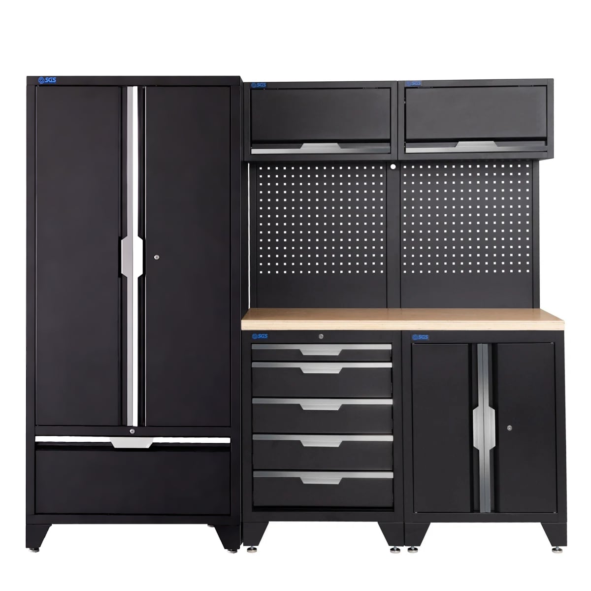 SGS 7pc Garage Storage System | 5 Drawers | Pressed Wood Worktop | Tall Double Cabinet with Drawer