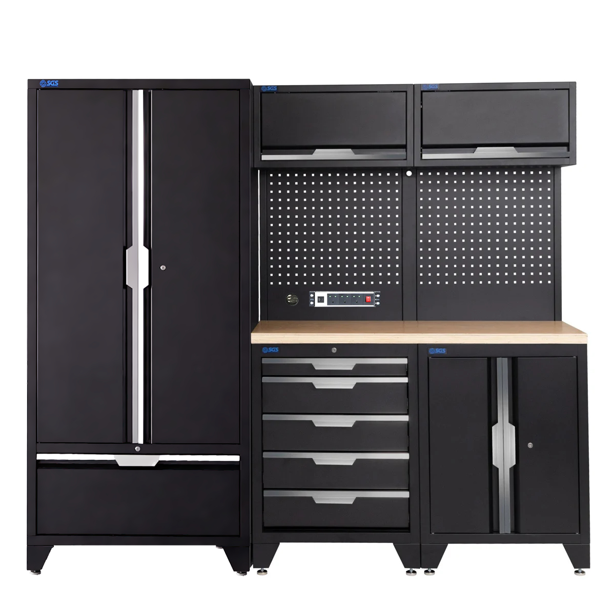 SGS 7pc Garage Storage System | 5 Drawers | Pressed Wood Worktop | Tall Double Cabinet with Drawer | Pegboard with Power Strip