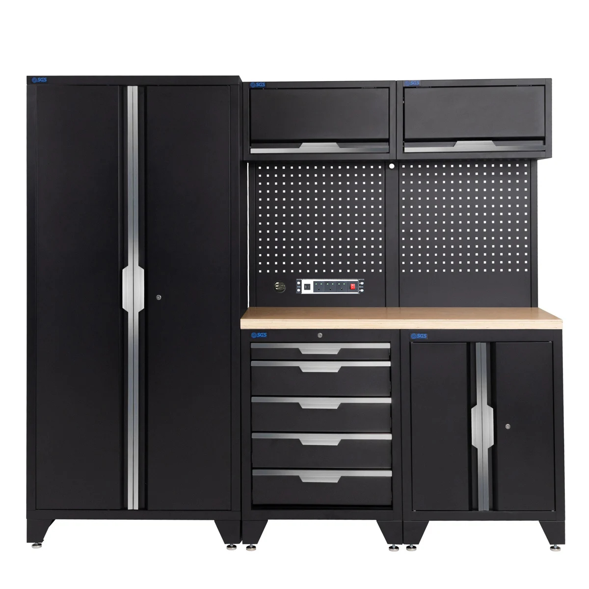 SGS 7pc Garage Storage System | 5 Drawers | Pressed Wood Worktop | Tall Double Cabinet | Pegboard with Power Strip