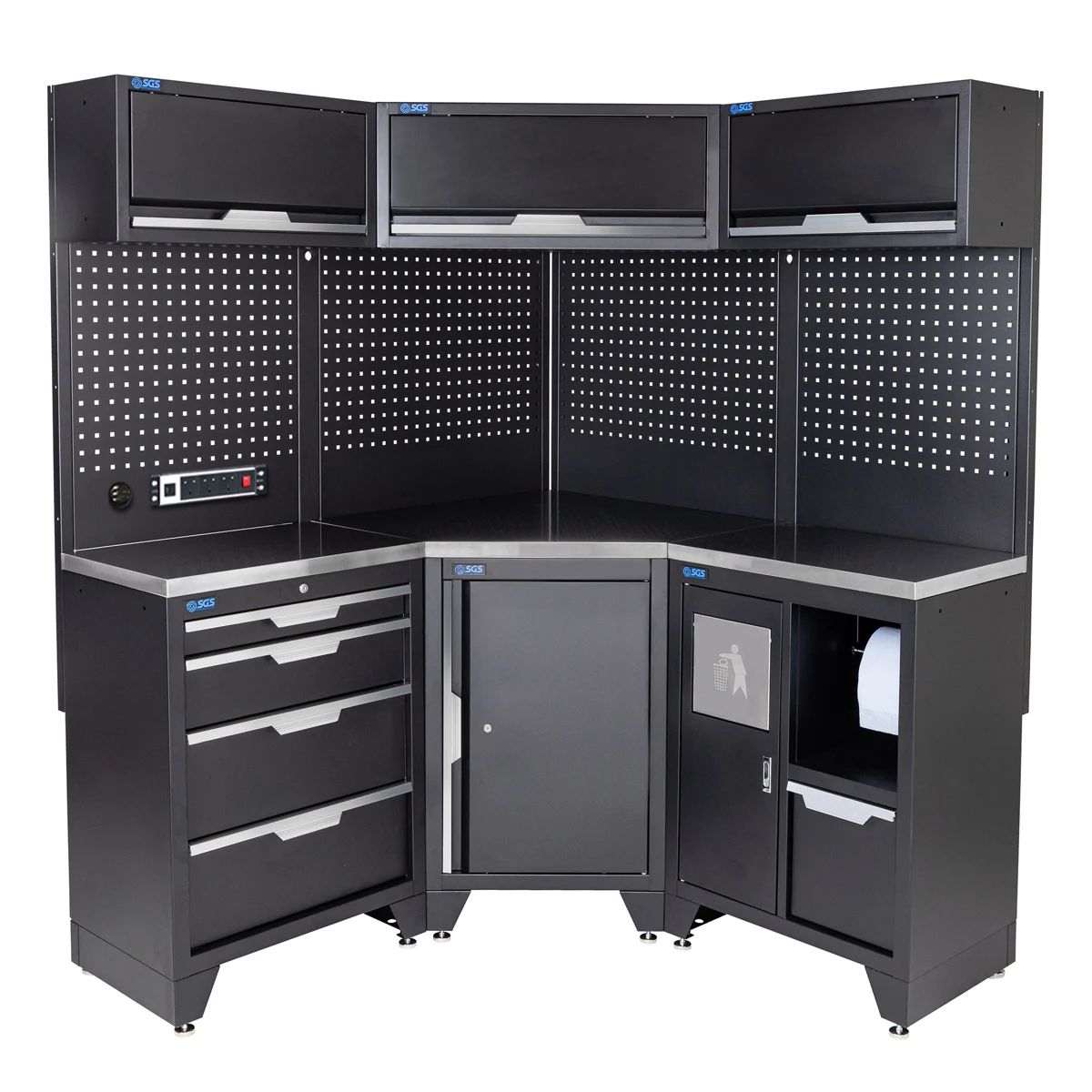 SGS 10pc Corner Garage Storage System | 4 Drawers | Stainless Steel Worktop | Corner Floor Cabinet | Bin Unit | 3x Upper Cabinets | Pegboard with Power Strip