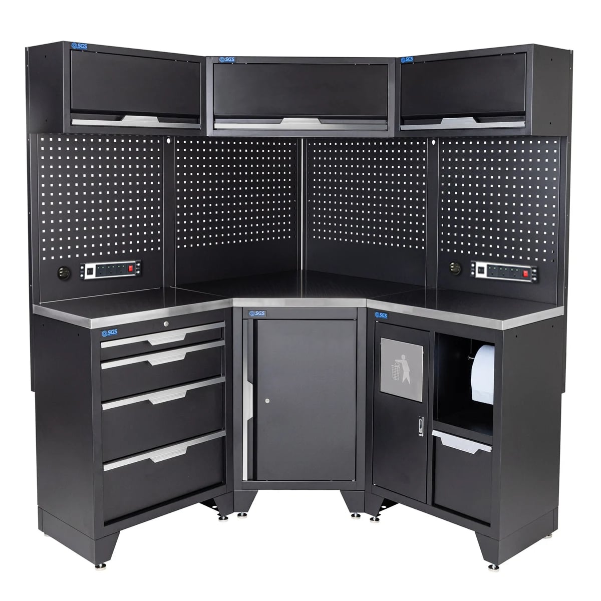 SGS 10pc Corner Garage Storage System | 4 Drawers | Stainless Steel Worktop | Corner Floor Cabinet | Bin Unit | 3x Upper Cabinets | 2x Pegboards with Power Strip