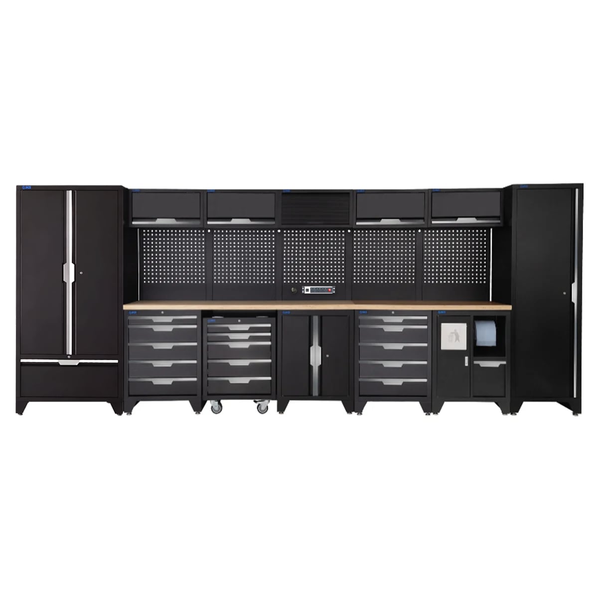 SGS 17pc Garage Storage System | 15 Drawers | Pressed Wood Worktop | Tall Single & Double Cabinet with Drawer | Bin Unit | Floor Cabinet | 5x Upper Cabinets | Pegboard with Power Strip