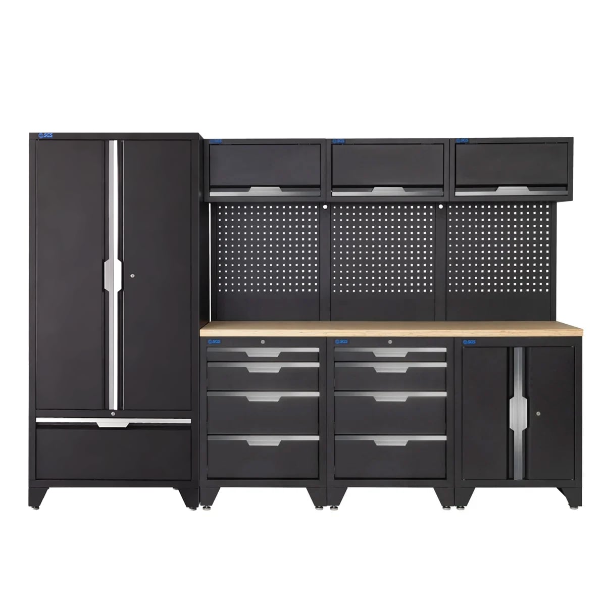 SGS 10pc Garage Storage System | 8 Drawers | Pressed Wood Worktop | Tall Double Cabinet with Drawer | Floor Cabinet | 3x Upper Cabinets
