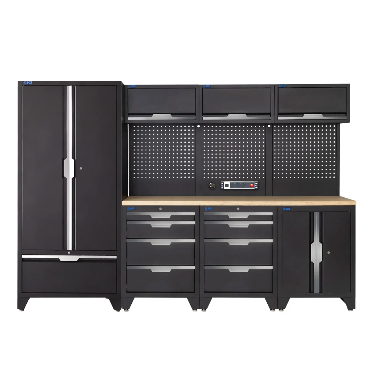 SGS 10pc Garage Storage System | 8 Drawers | Pressed Wood Worktop | Tall Double Cabinet with Drawer | Floor Cabinet | 3x Upper Cabinets | Pegboard with Power Strip