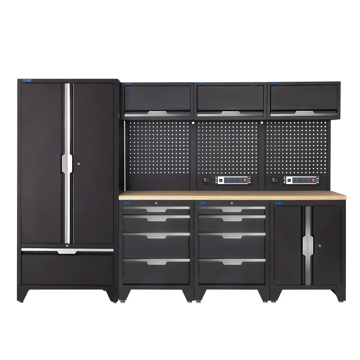 SGS 10pc Garage Storage System | 8 Drawers | Pressed Wood Worktop | Tall Double Cabinet with Drawer | Floor Cabinet | 3x Upper Cabinets | 2x Pegboards with Power Strip