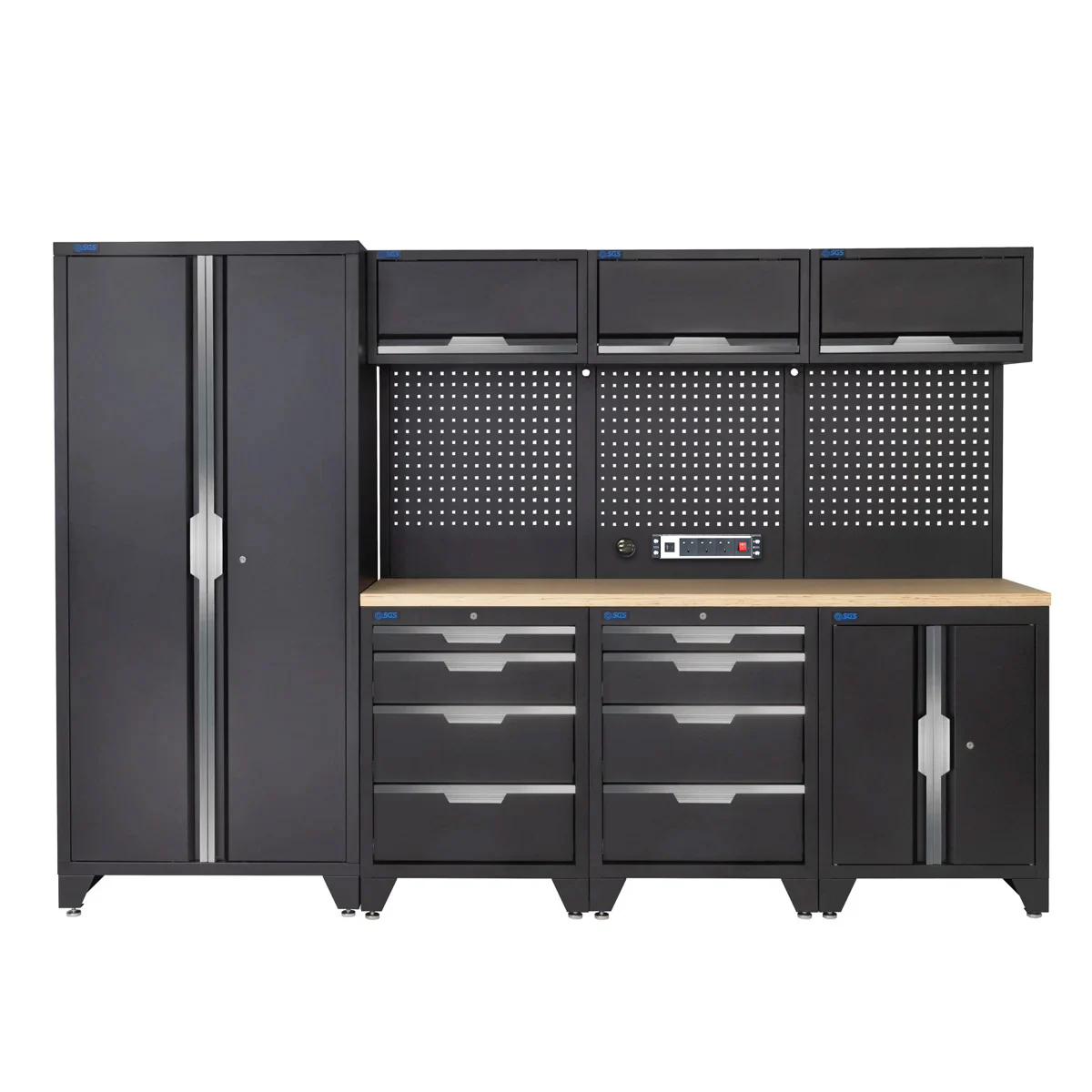 SGS 10pc Garage Storage System | 8 Drawers | Pressed Wood Worktop | Tall Double Cabinet | Floor Cabinet | 3x Upper Cabinets | Pegboard with Power Strip