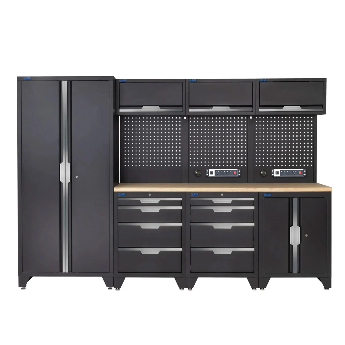 SGS 10pc Garage Storage System | 8 Drawers | Pressed Wood Worktop | Tall Double Cabinet | Floor Cabinet | 3x Upper Cabinets | 2x Pegboards with Power Strip