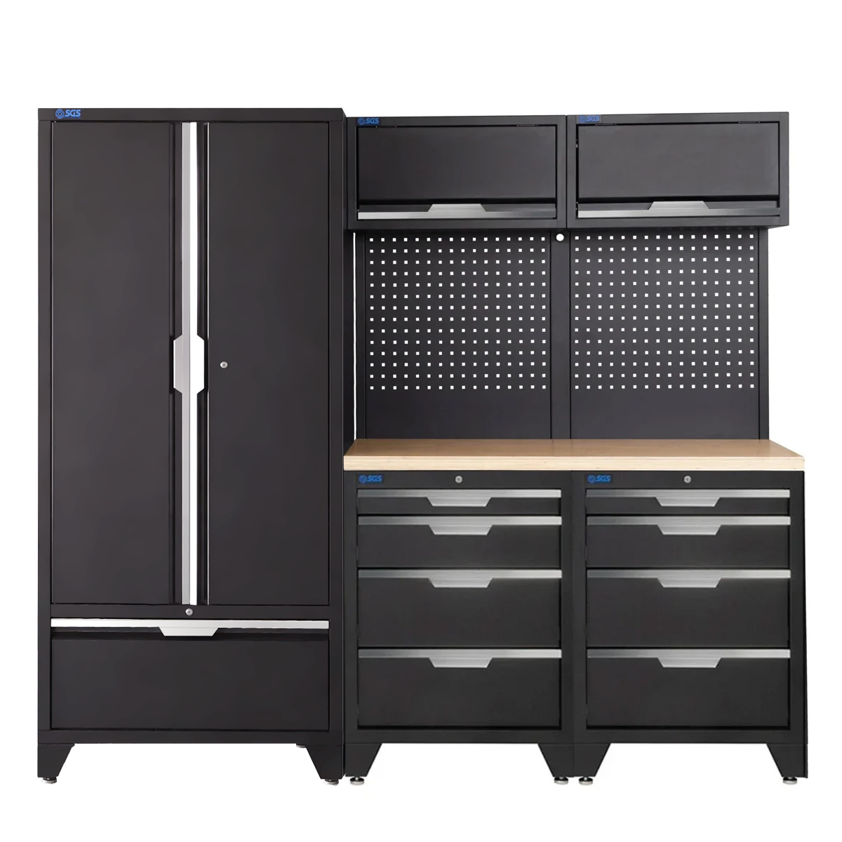 SGS 7pc Garage Storage System | 8 Drawers | Pressed Wood Worktop | 2x Upper Cabinets | Tall Double Cabinet with Drawer