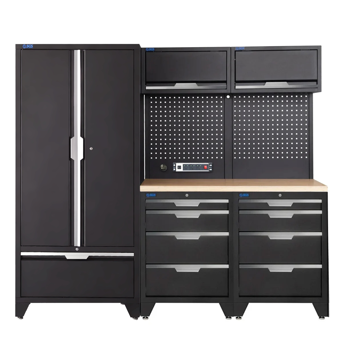 SGS 7pc Garage Storage System | 8 Drawers | Pressed Wood Worktop | 2x Upper Cabinets | Tall Double Cabinet with Drawer | Pegboard with Power Strip