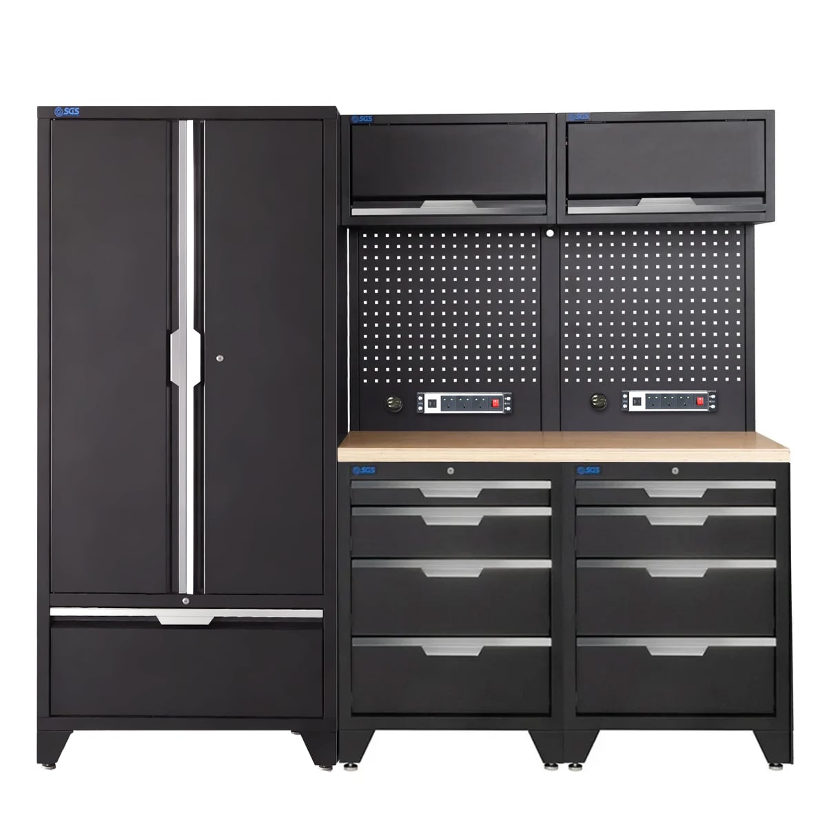 SGS 7pc Garage Storage System | 8 Drawers | Pressed Wood Worktop | 2x Upper Cabinets | Tall Double Cabinet | Pegboards with Power Strip