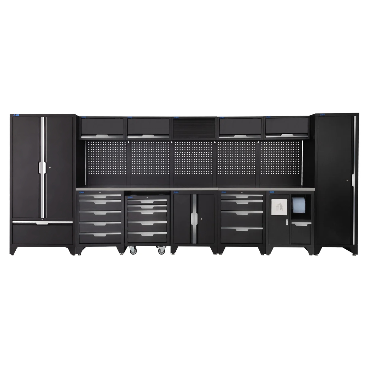 SGS 17pc Garage Storage System | 14 Drawers | Stainless Steel Worktop | Tall Single & Double Cabinet with Drawer | Bin Unit | Mobile Tool Cabinet | Floor Cabinet | 5x Upper Cabinets