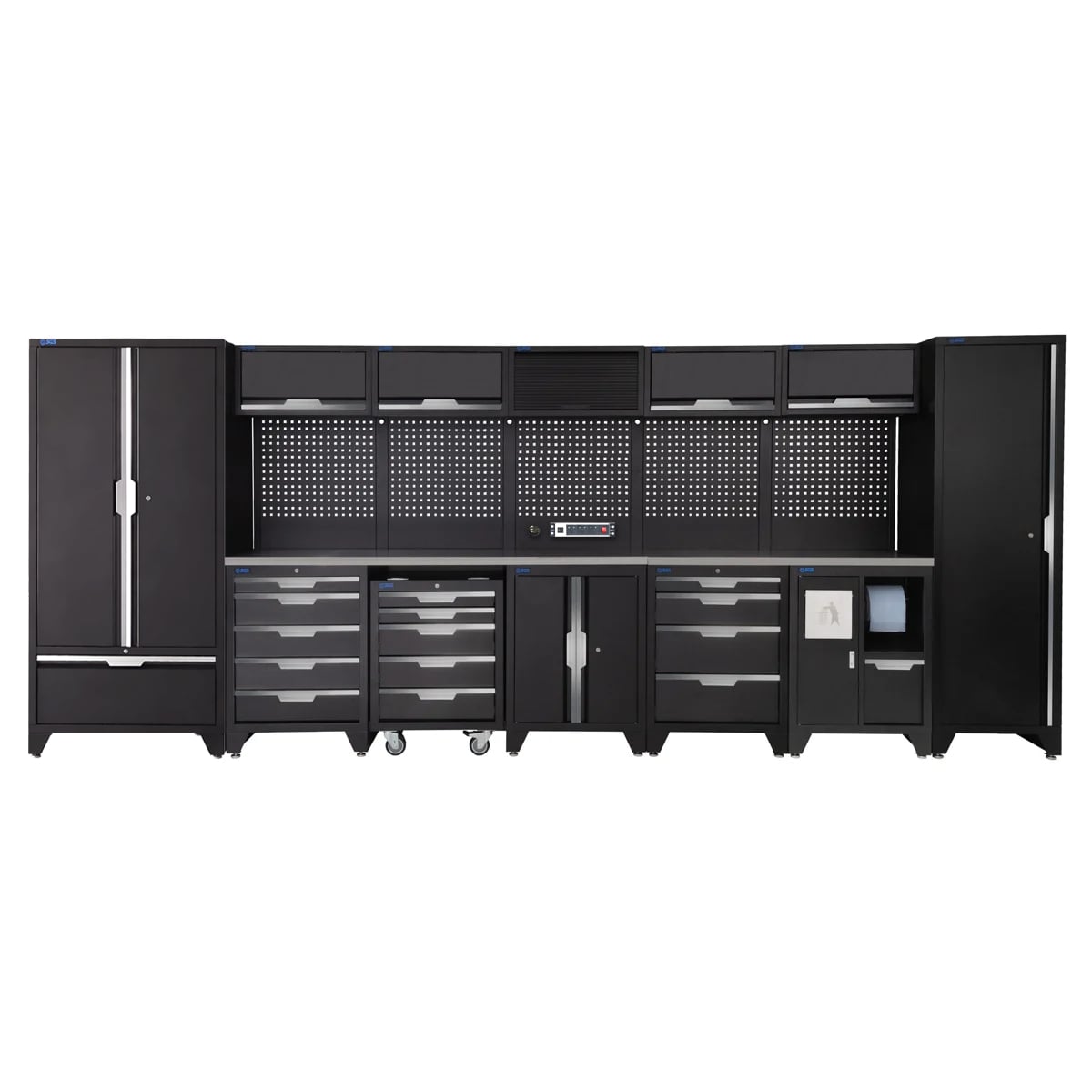 SGS 17pc Garage Storage System | 14 Drawers | Stainless Steel Worktop | Tall Single & Double Cabinet with Drawer | Bin Unit | Mobile Tool Cabinet | Floor Cabinet | 5x Upper Cabinets | Pegboard with Power Strip